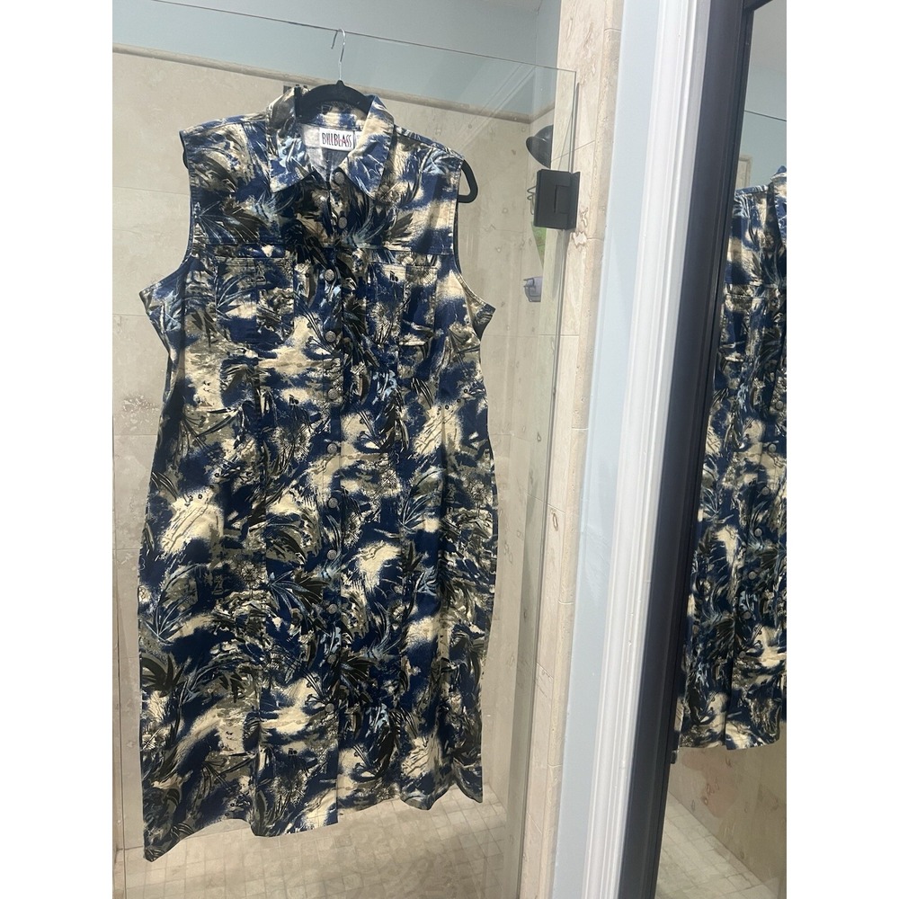 Vintage Bill Blass Womens Linen Blend  Button Down Midi Dress Blue Xl Earthy